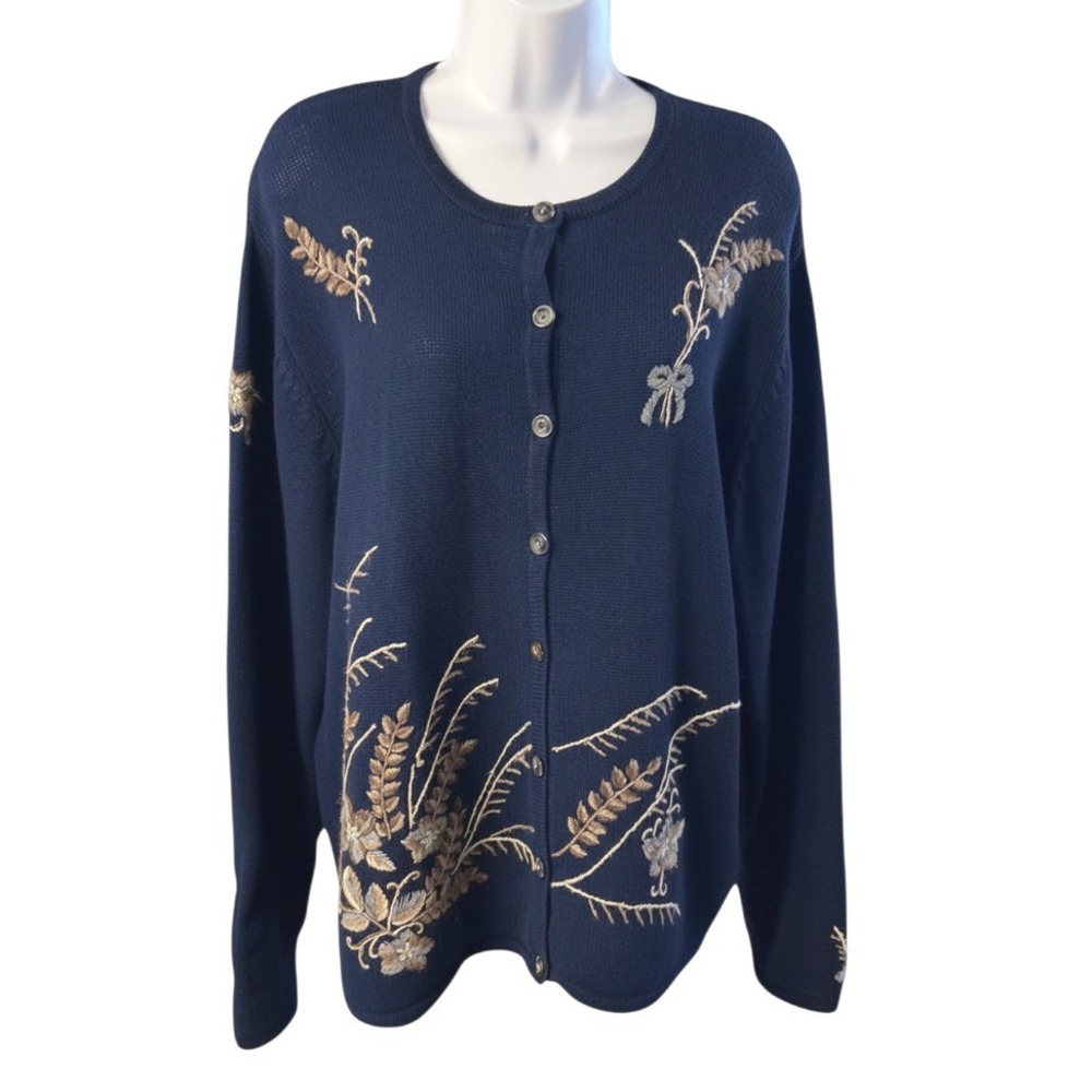VTG Koret Sweater Cardigan NAVY BLUE Embroidered Floral GRANNYCORE Cottage M